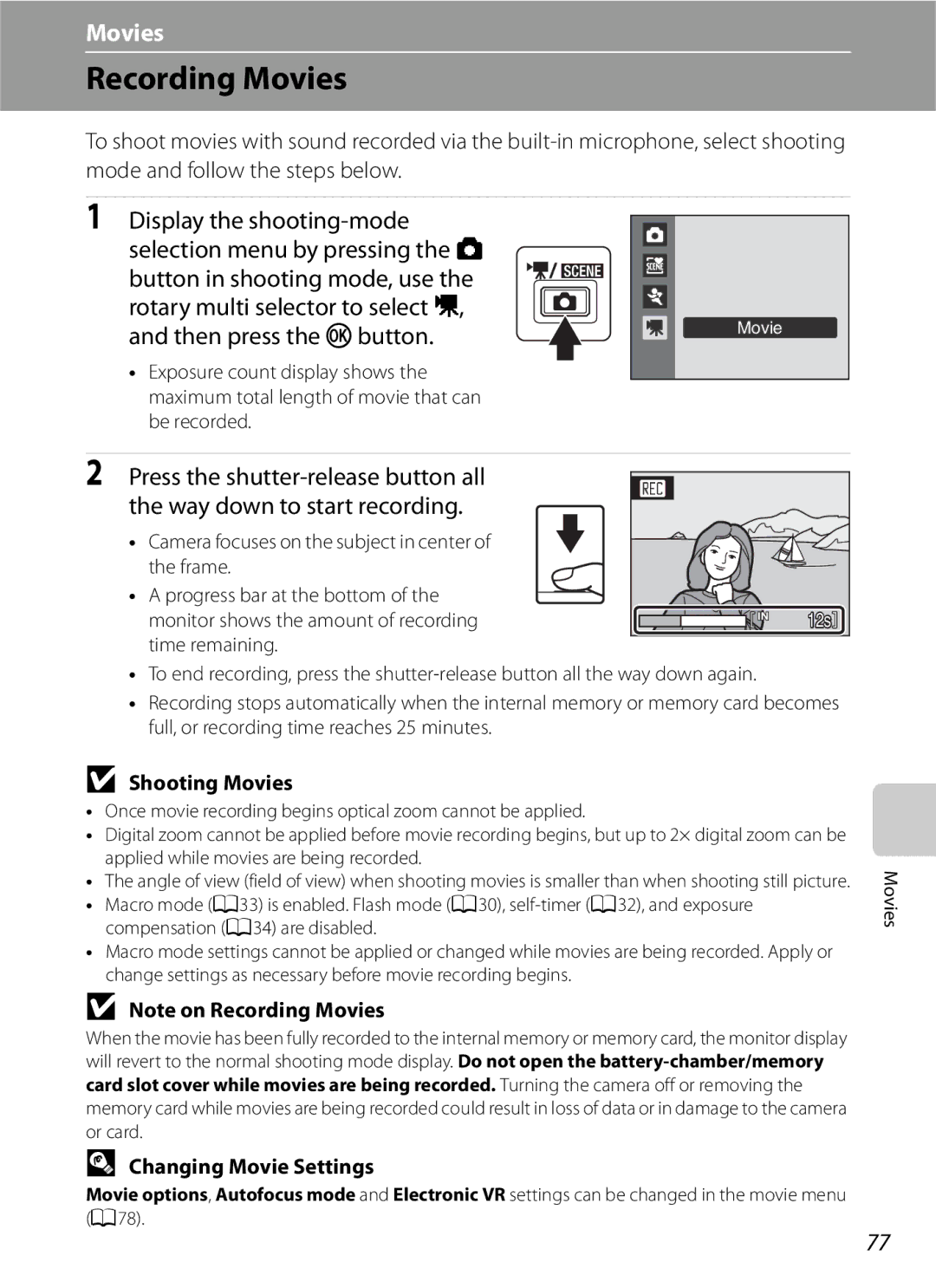 Optimus COOLPIXS630RED, COOLPIXS630BK user manual Recording Movies, Shooting Movies, Changing Movie Settings 