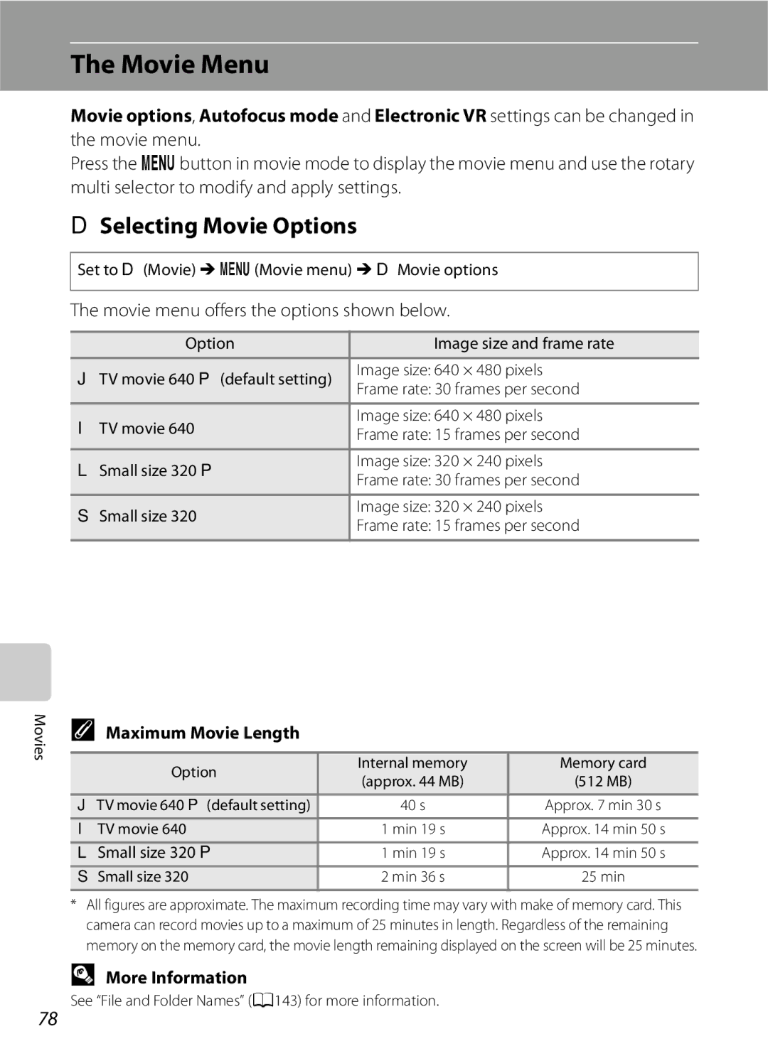 Optimus S630 Movie Menu, DSelecting Movie Options, Movie menu offers the options shown below, Maximum Movie Length 