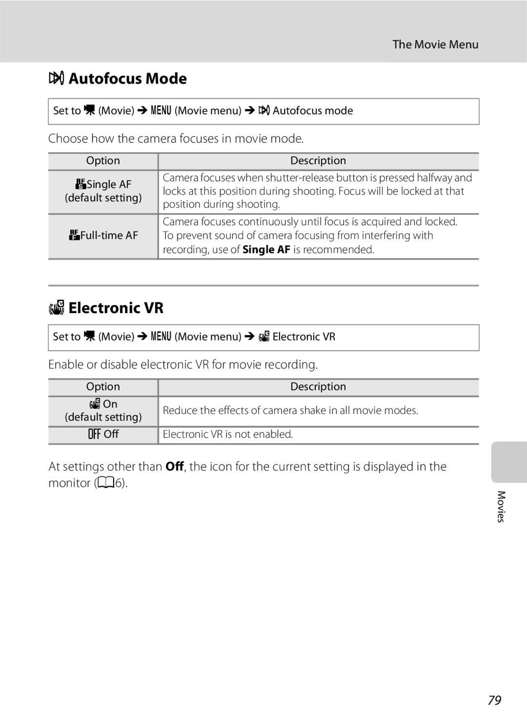 Optimus COOLPIXS630BK user manual IAutofocus Mode, WElectronic VR, Movie Menu, Choose how the camera focuses in movie mode 