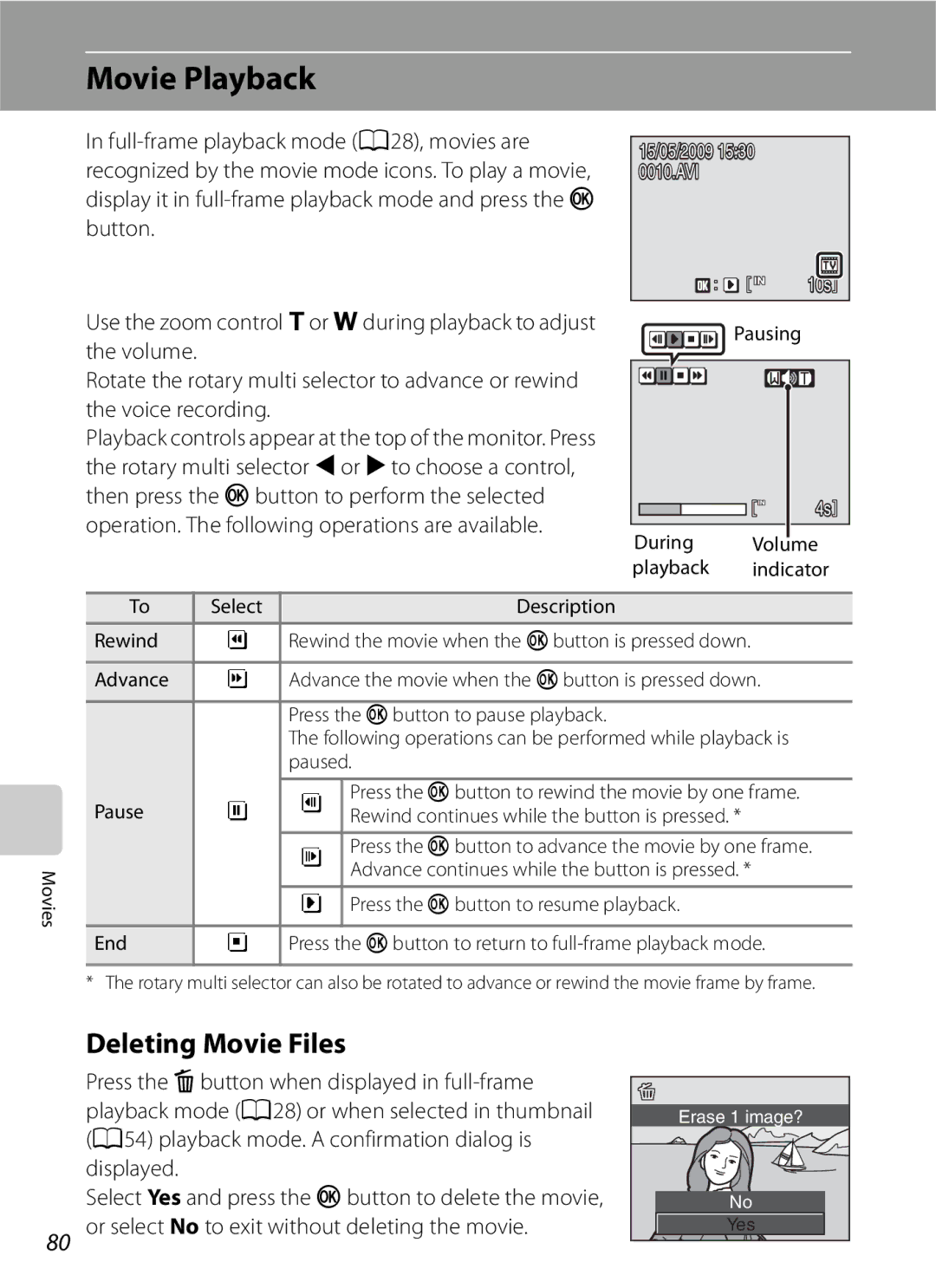 Optimus COOLPIXS630RED Movie Playback, Deleting Movie Files, Use the zoom control gor fduring playback to adjust 