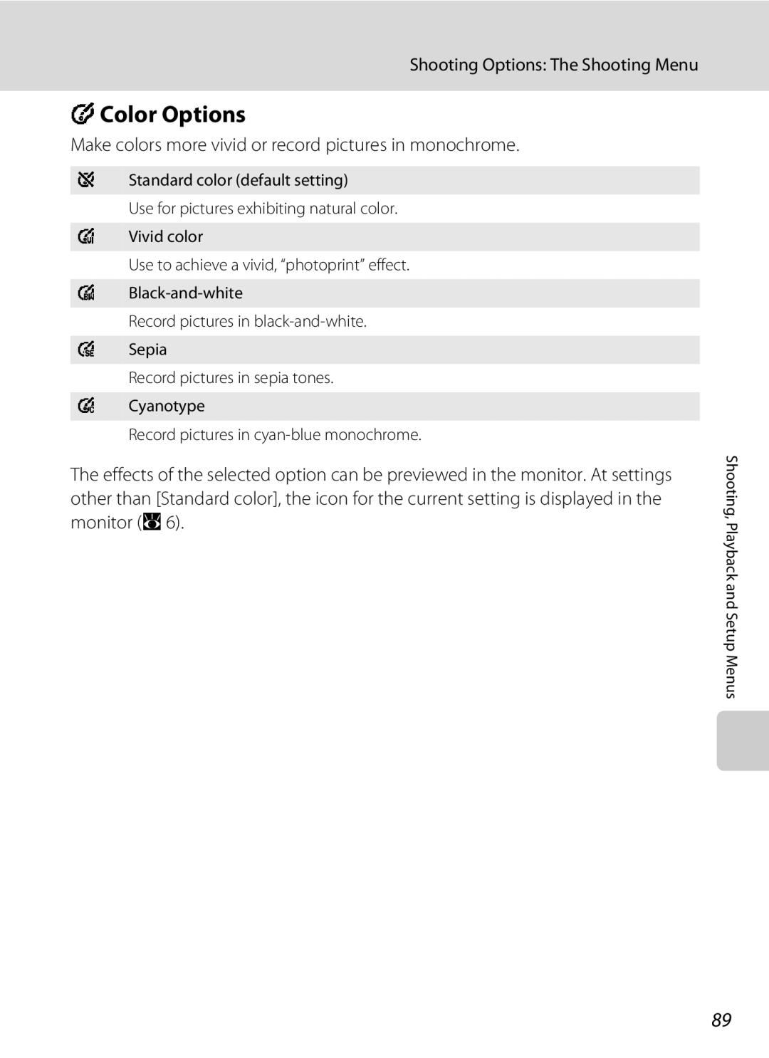 Optimus S700 user manual FColor Options, Make colors more vivid or record pictures in monochrome 