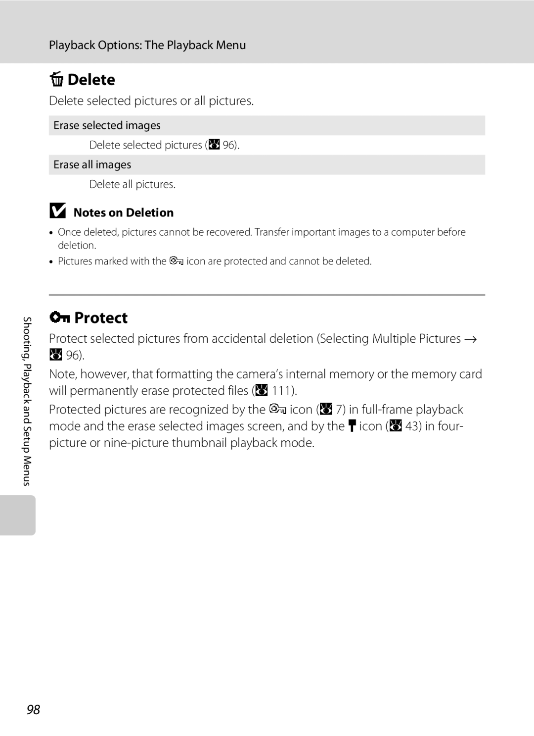 Optimus S700 user manual Protect, Delete selected pictures or all pictures 