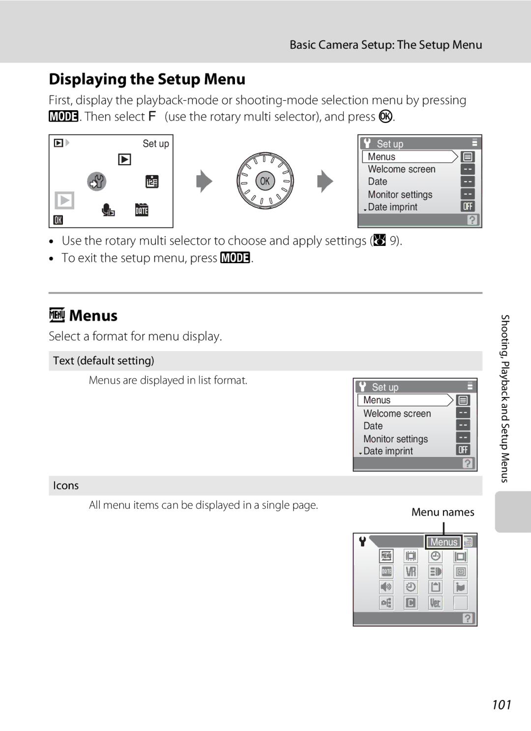 Optimus S700 Displaying the Setup Menu, Menus, 101, Basic Camera Setup The Setup Menu, Select a format for menu display 