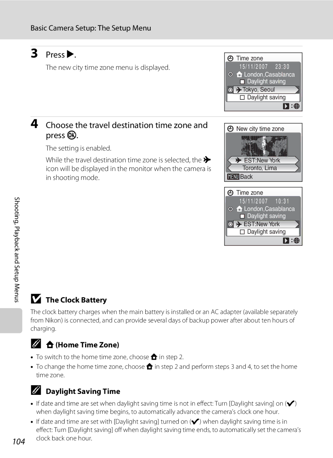 Optimus S700 user manual Choose the travel destination time zone and press k, Clock Battery, WHome Time Zone 