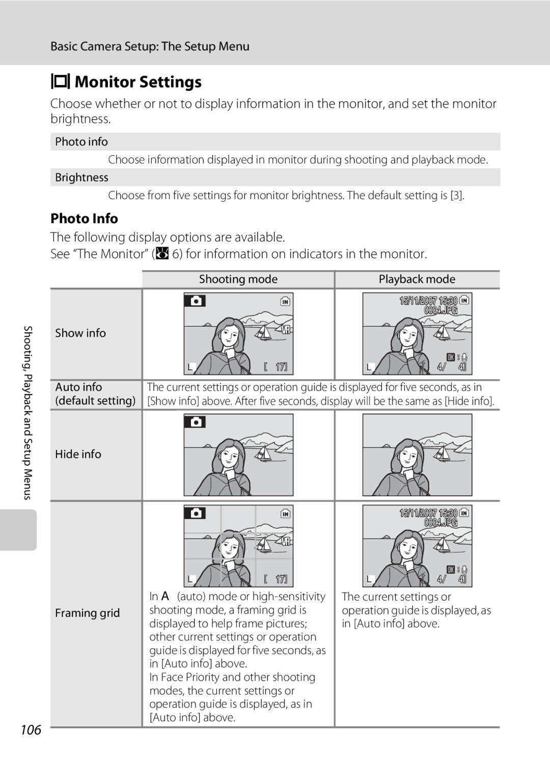 Optimus S700 user manual EMonitor Settings, 106, Photo Info 