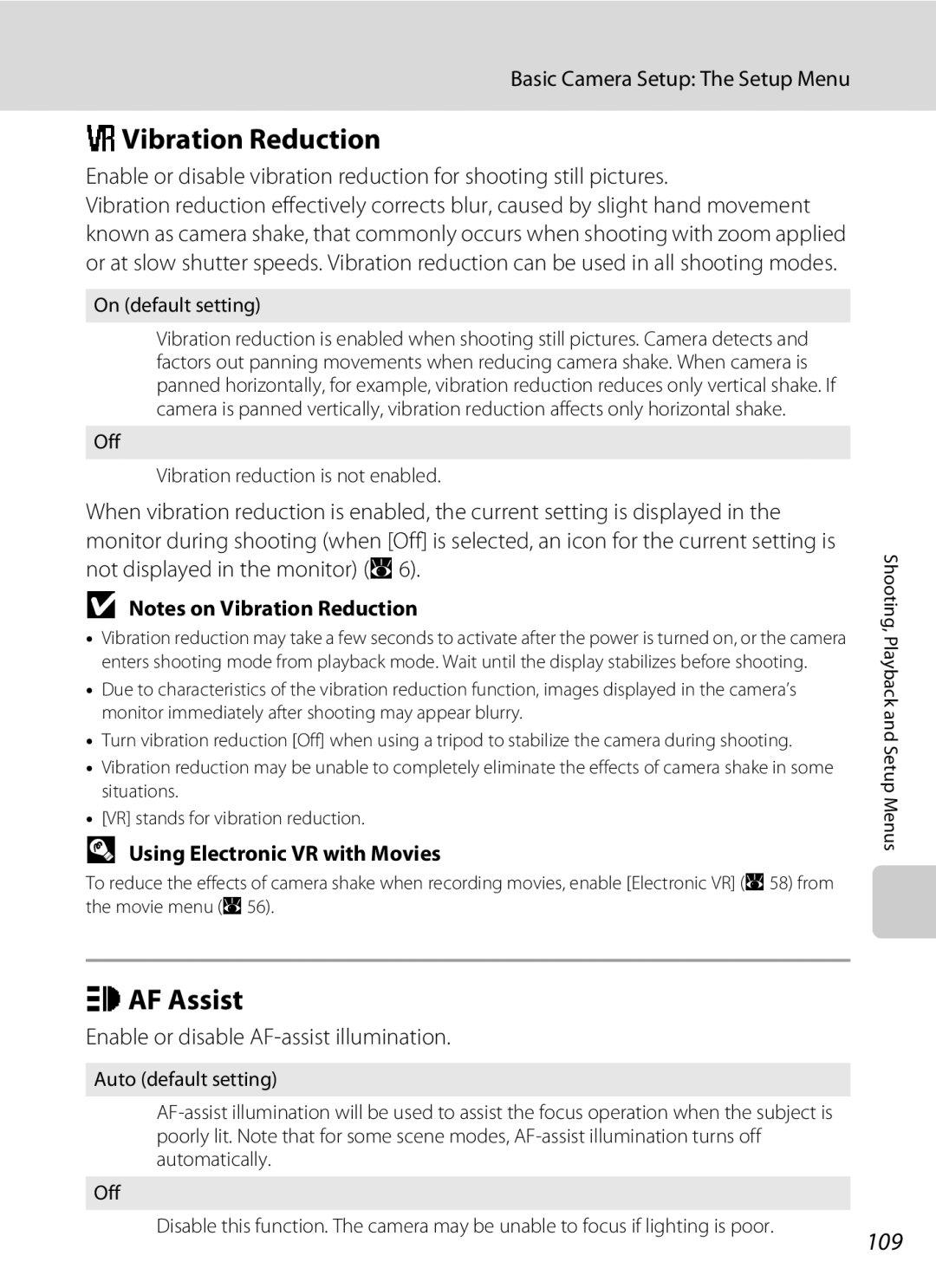 Optimus S700 user manual GVibration Reduction, HAF Assist, 109, Using Electronic VR with Movies 