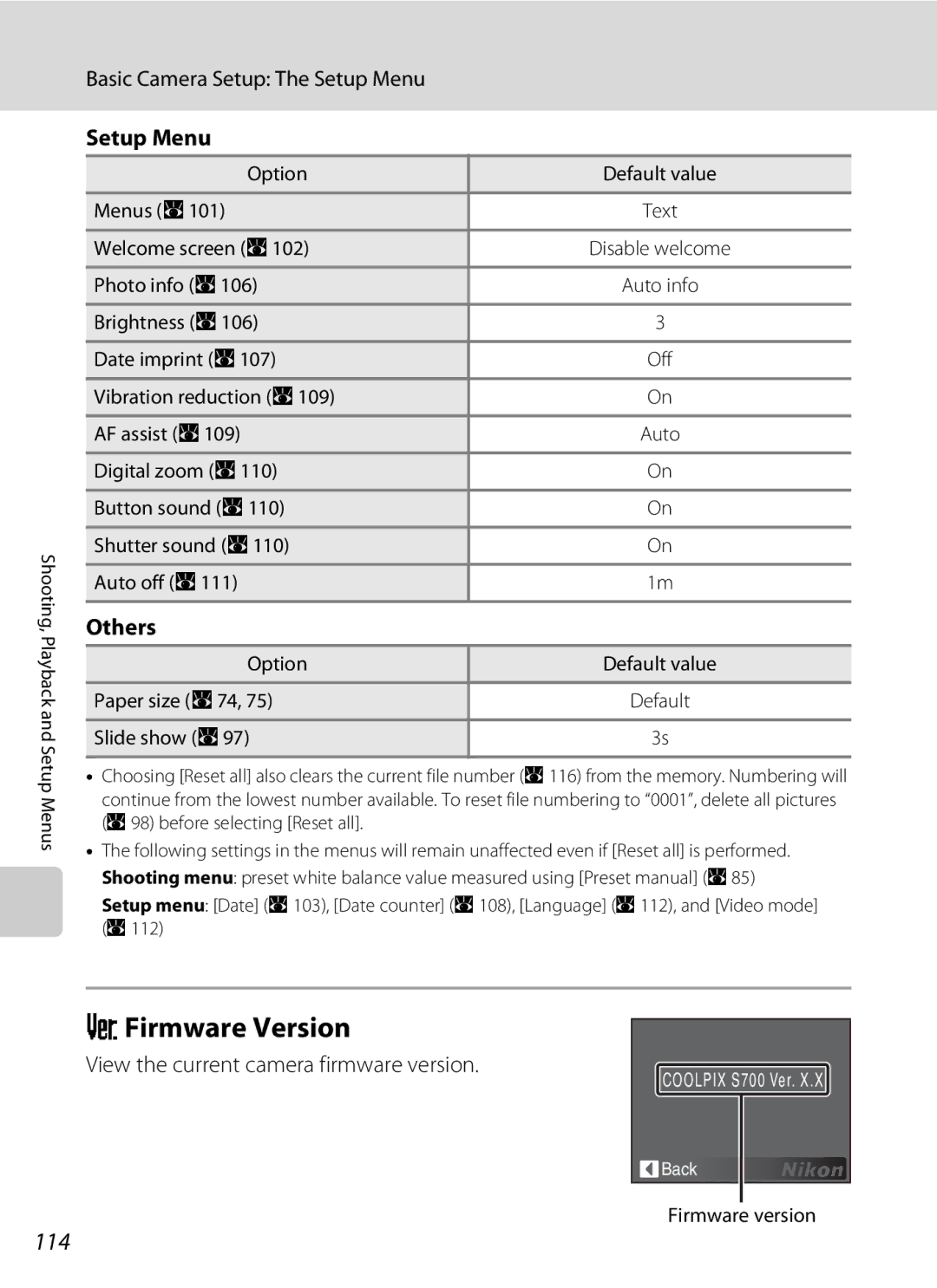 Optimus S700 user manual RFirmware Version, 114, Setup Menu, Others, View the current camera firmware version 