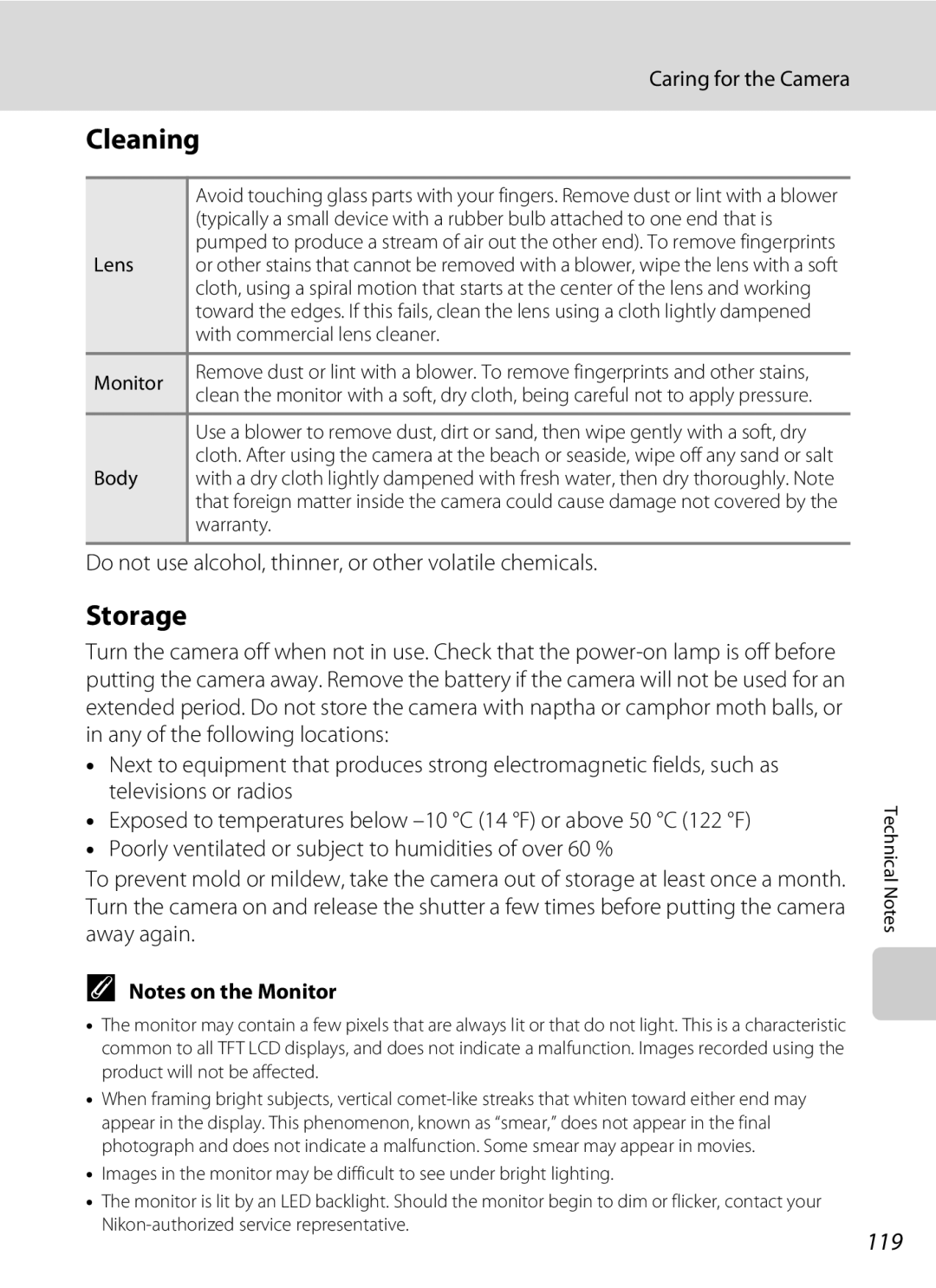 Optimus S700 user manual Cleaning, Storage, 119, Do not use alcohol, thinner, or other volatile chemicals 