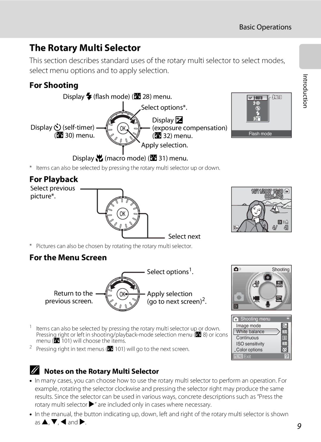 Optimus S700 user manual Rotary Multi Selector, For Shooting, For Playback, For the Menu Screen, Basic Operations 