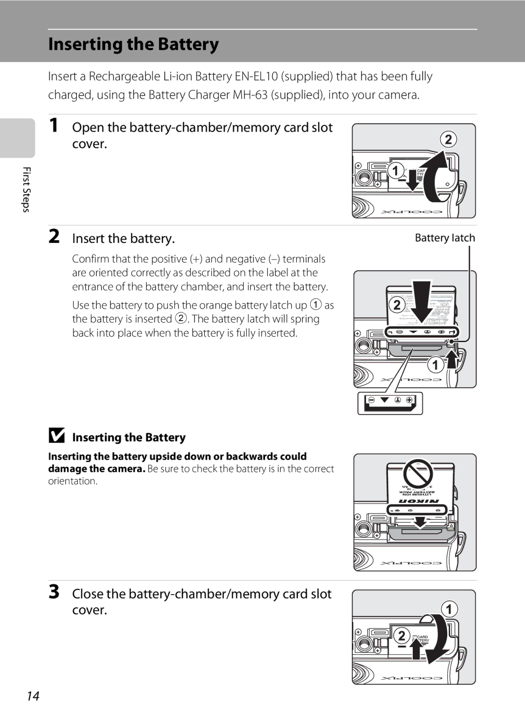 Optimus S700 user manual Inserting the Battery, Open the battery-chamber/memory card slot cover, Insert the battery 