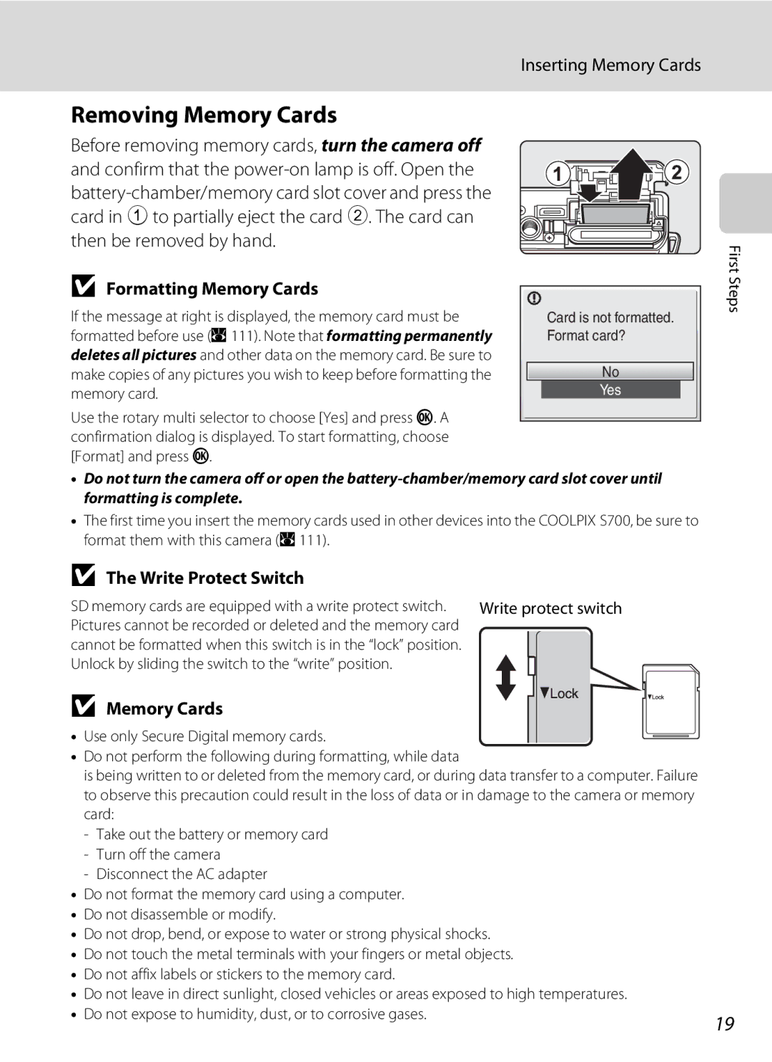 Optimus S700 user manual Removing Memory Cards, Inserting Memory Cards, Formatting Memory Cards, Write Protect Switch 