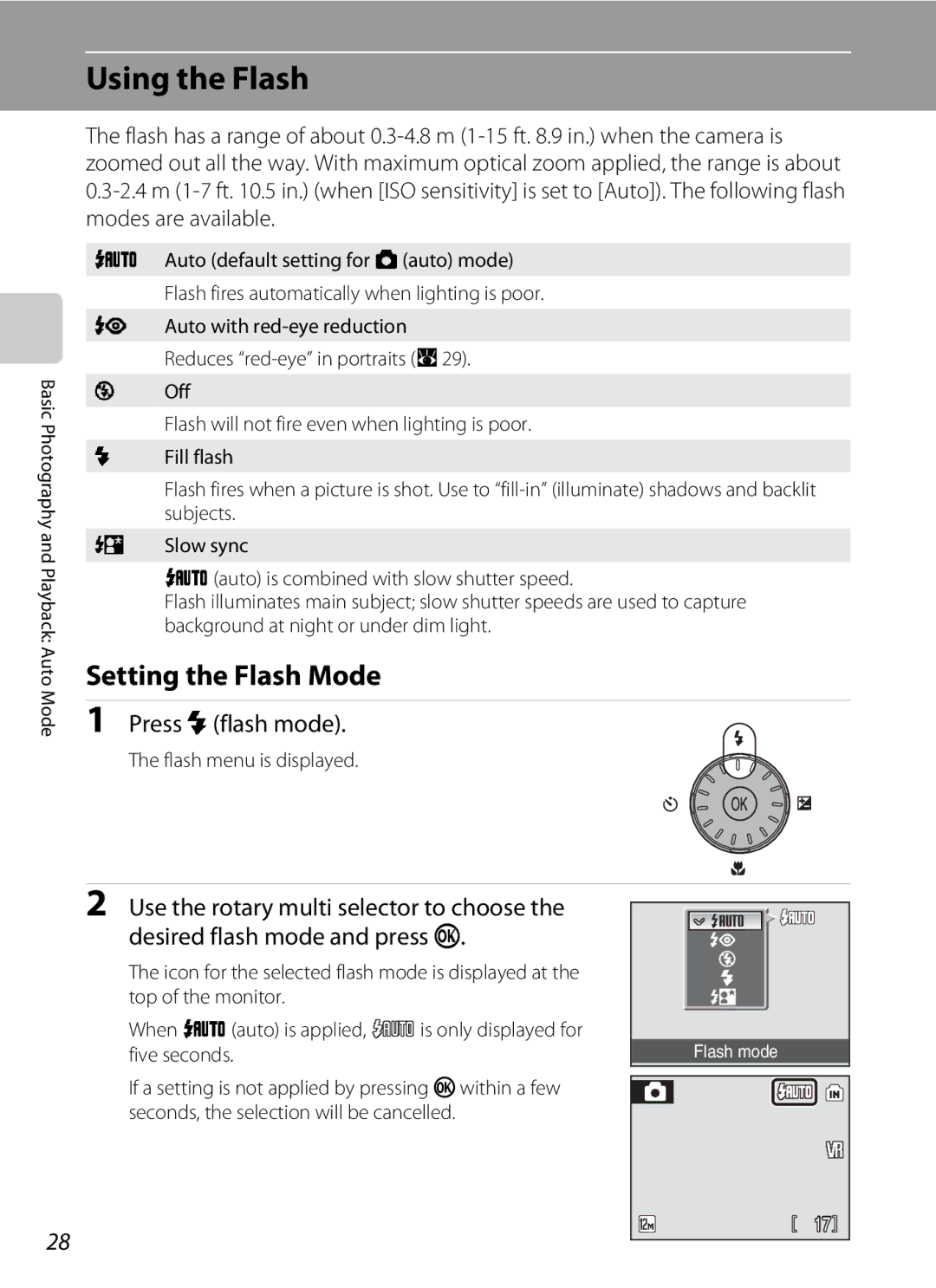 Optimus S700 user manual Using the Flash, Setting the Flash Mode, Press mflash mode, Flash menu is displayed, Five seconds 