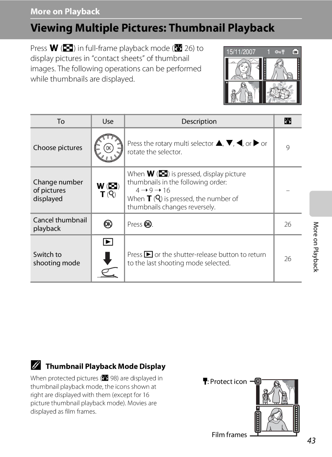 Optimus S700 user manual Viewing Multiple Pictures Thumbnail Playback, Press f h in full-frame playback mode a 26 to 