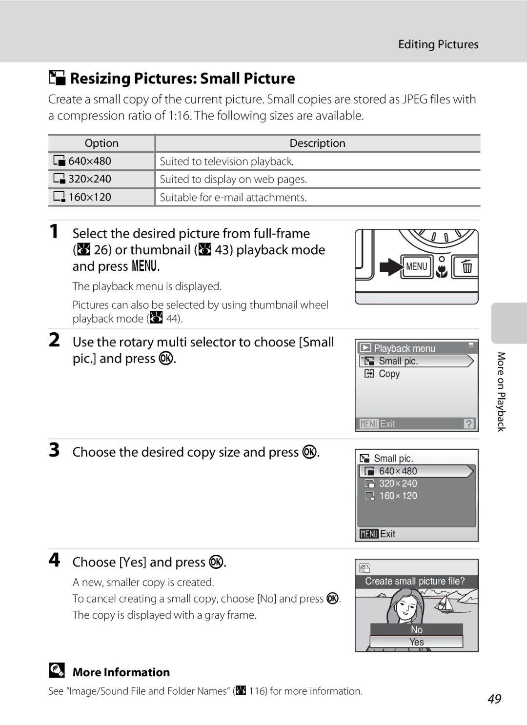 Optimus S700 user manual GResizing Pictures Small Picture, Choose the desired copy size and press k 