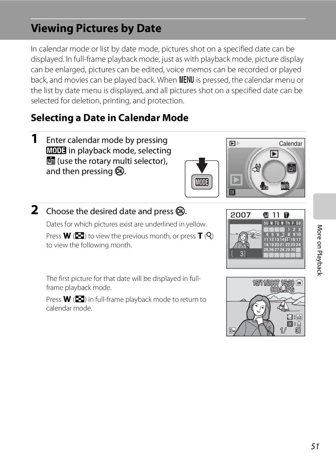 Optimus S700 user manual Viewing Pictures by Date, Selecting a Date in Calendar Mode, Choose the desired date and press k 