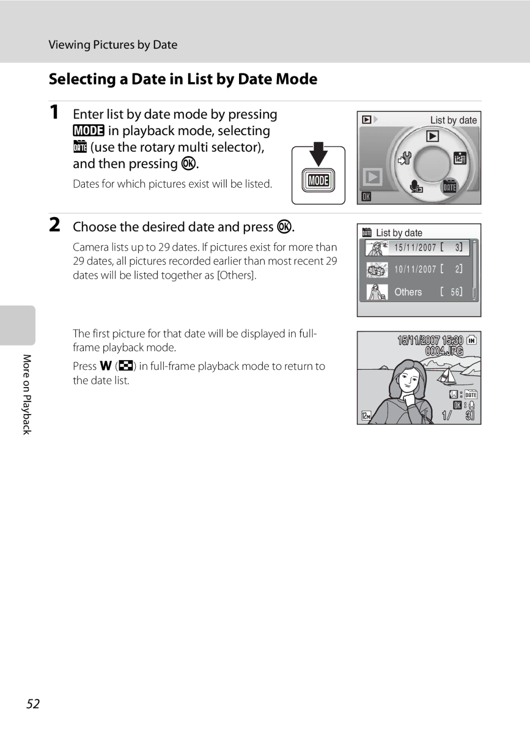 Optimus S700 Selecting a Date in List by Date Mode, Enter list by date mode by pressing, Viewing Pictures by Date 