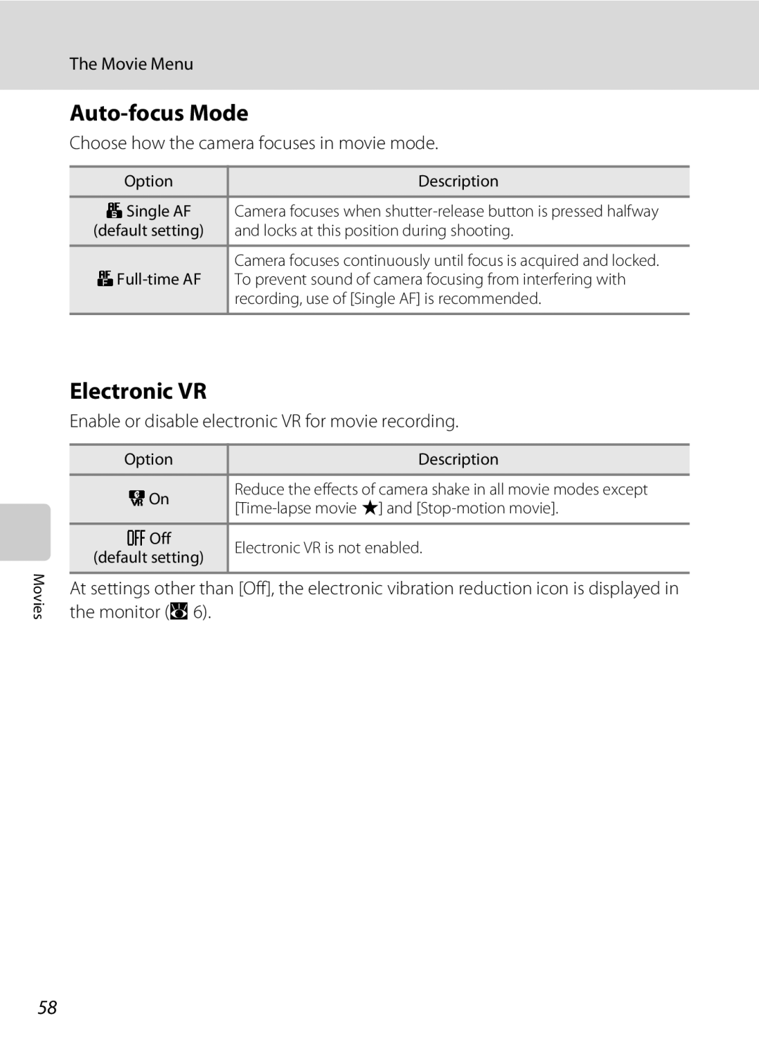 Optimus S700 user manual Auto-focus Mode, Electronic VR, Choose how the camera focuses in movie mode 