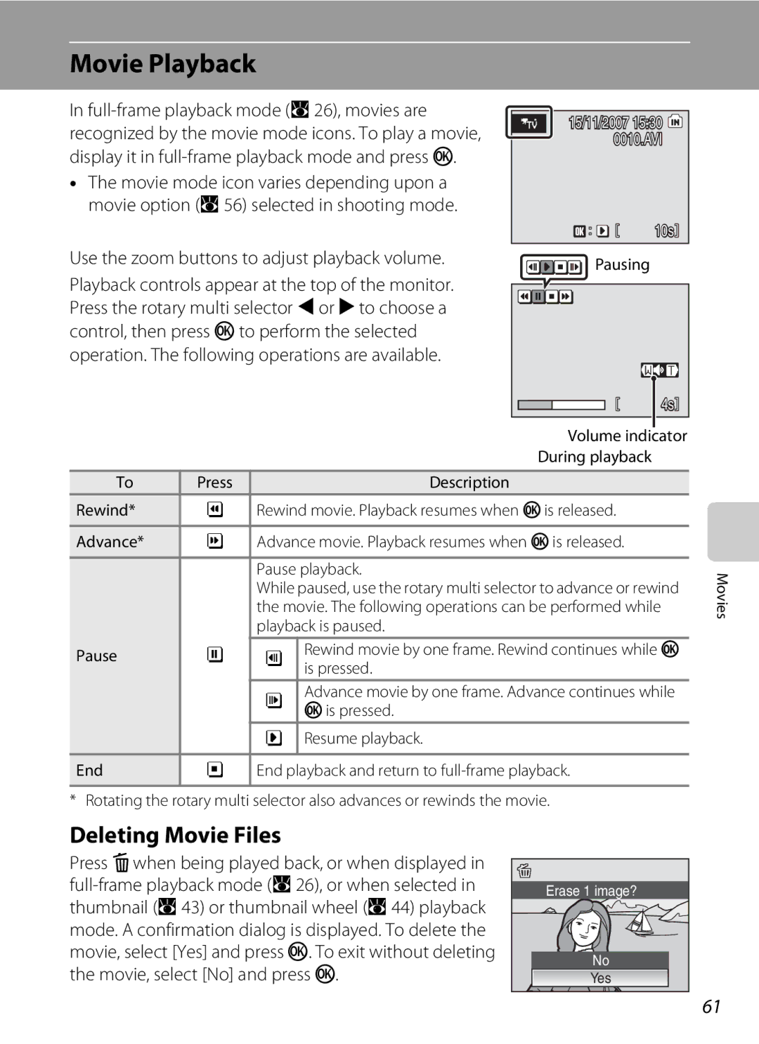 Optimus S700 user manual Movie Playback, Deleting Movie Files 