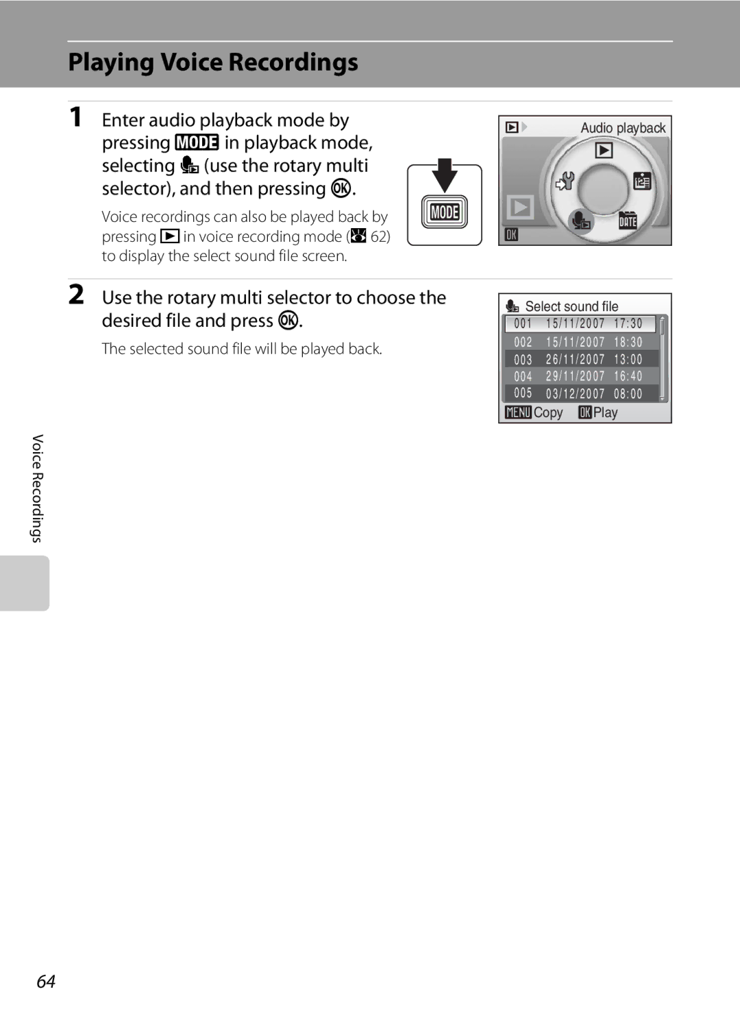 Optimus S700 user manual Playing Voice Recordings, Selected sound file will be played back 