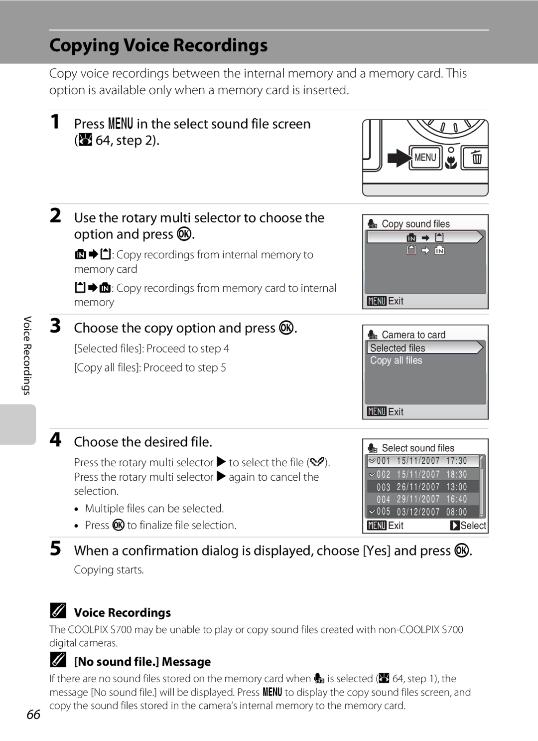 Optimus S700 Copying Voice Recordings, Choose the copy option and press k, Choose the desired file, No sound file. Message 