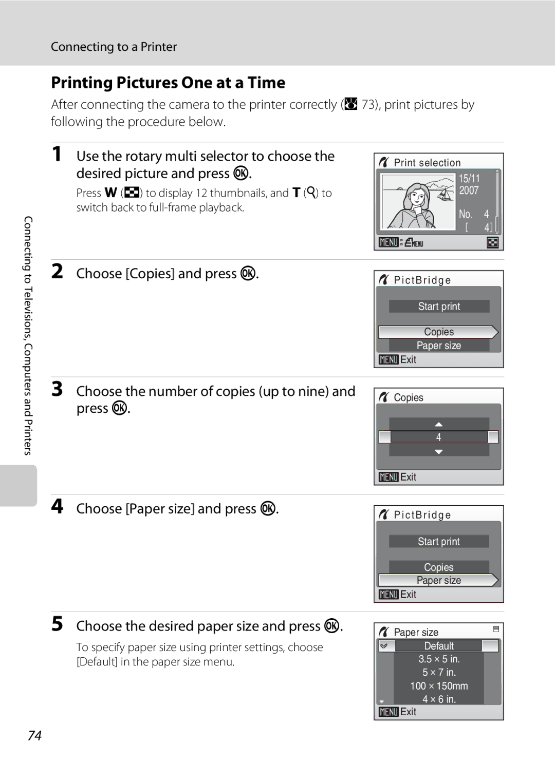 Optimus S700 user manual Printing Pictures One at a Time, Choose Copies and press k, Choose Paper size and press k 