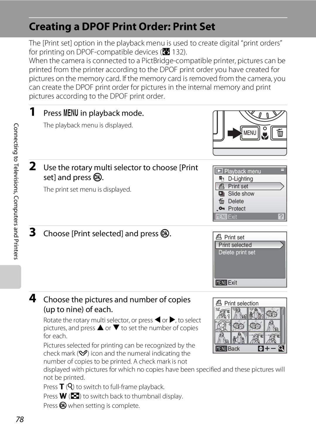 Optimus S700 user manual Creating a Dpof Print Order Print Set, Press din playback mode, Choose Print selected and press k 