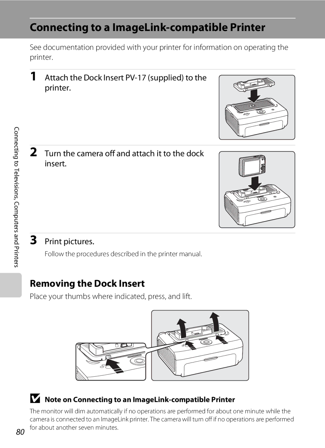 Optimus S700 user manual Connecting to a ImageLink-compatible Printer, Removing the Dock Insert 