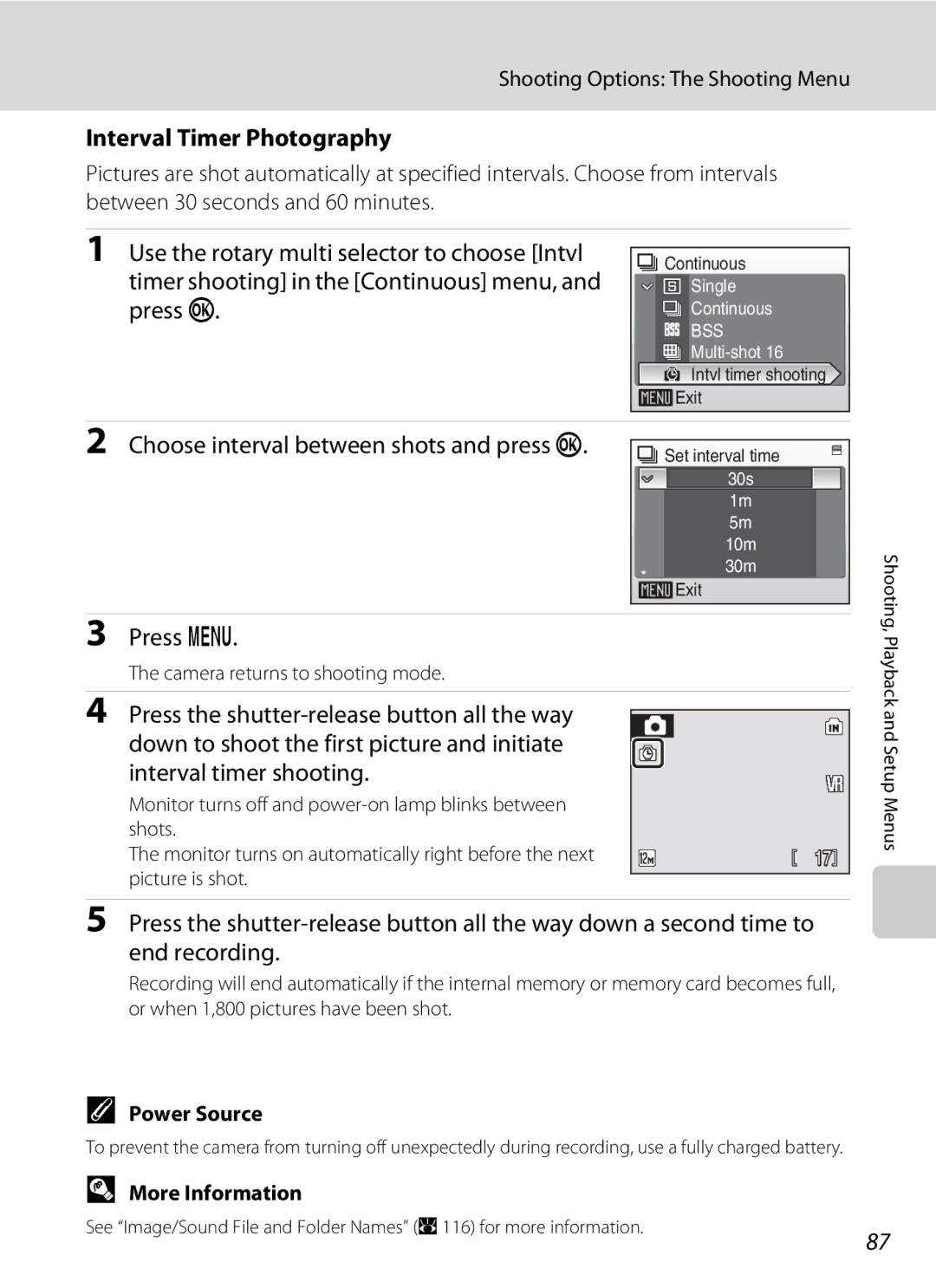 Optimus S700 user manual Interval Timer Photography, Choose interval between shots and press k, Power Source 