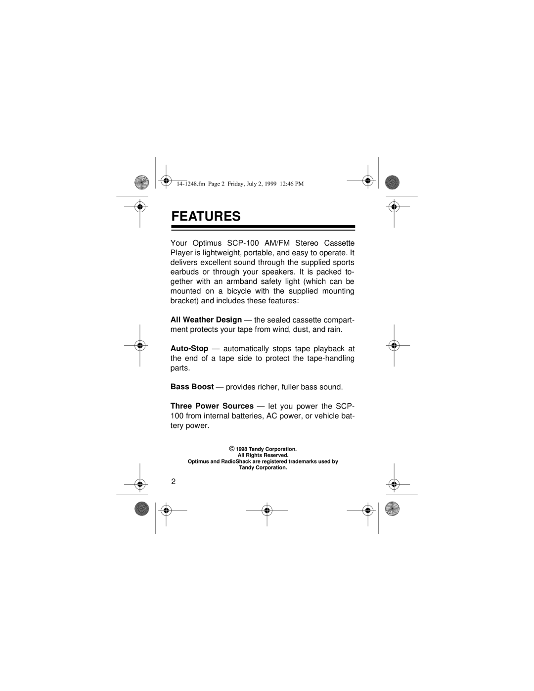 Optimus SCP-100 owner manual Features 