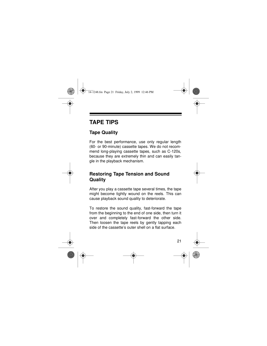 Optimus SCP-100 owner manual Tape Tips, Tape Quality, Restoring Tape Tension and Sound Quality 