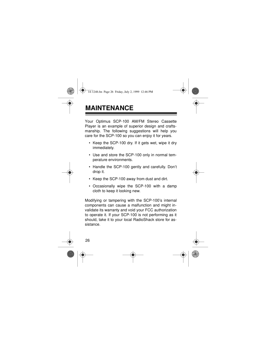 Optimus SCP-100 owner manual Maintenance 