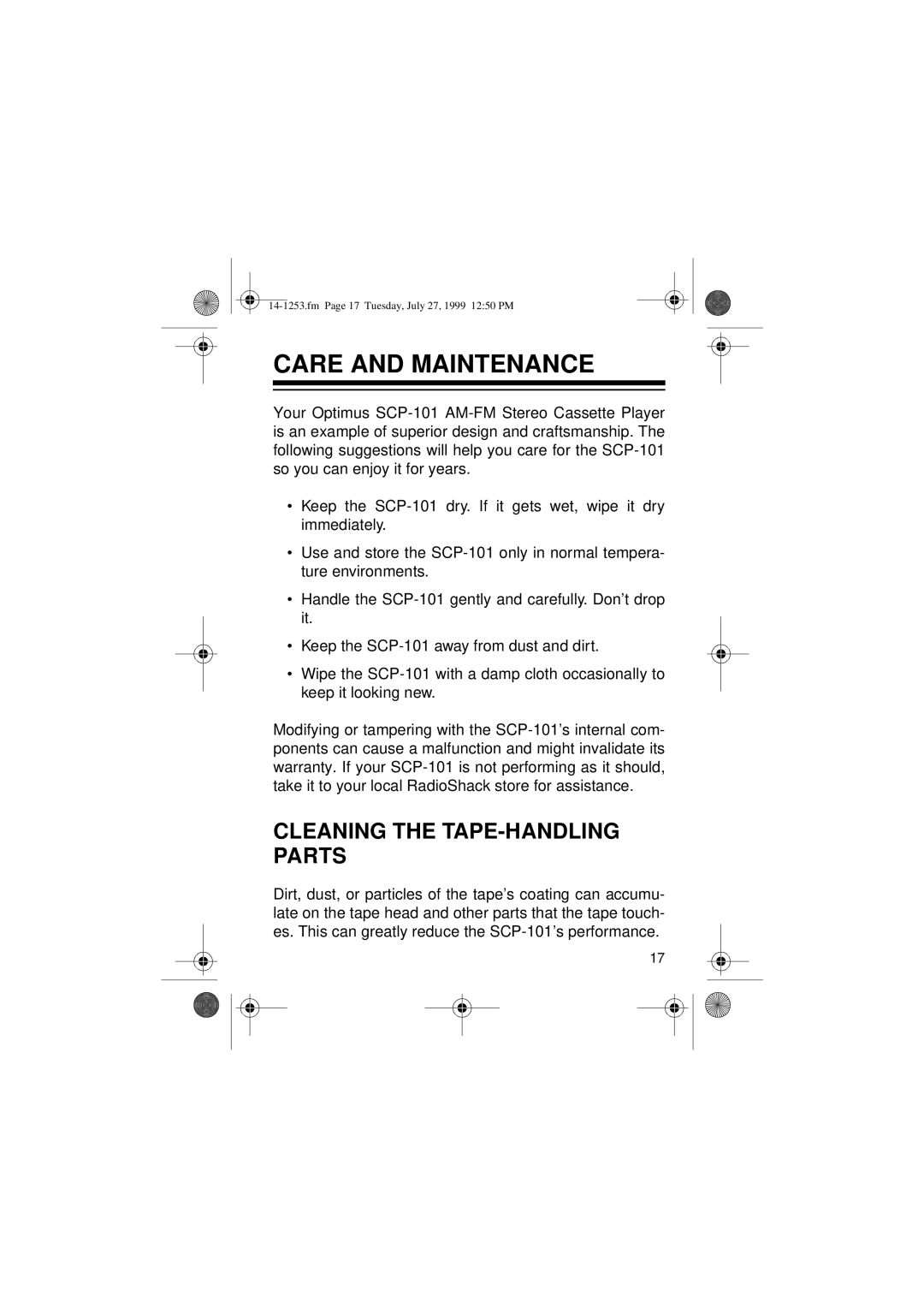 Optimus SCP-101 manual Care and Maintenance, Cleaning the TAPE-HANDLING Parts 