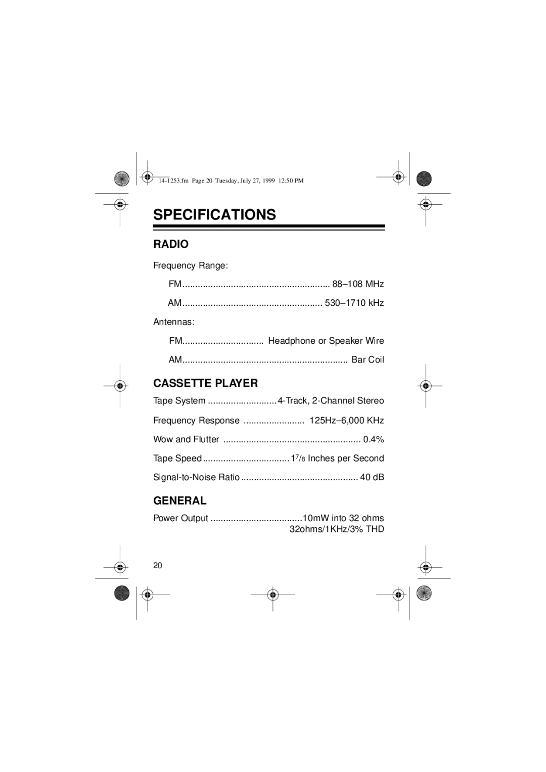 Optimus SCP-101 manual Specifications, Cassette Player 