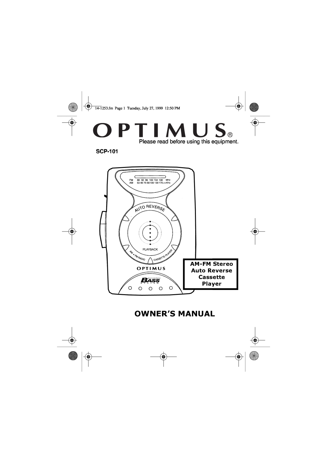 Optimus SCP-101 manual 2 15¶6#0$18$, $000#6WHUHR $XWR#5HYHUVH &DVVHWWH# 3OD\HU, fmPage 1 Tuesday, July 27, 1999 12 50 PM 