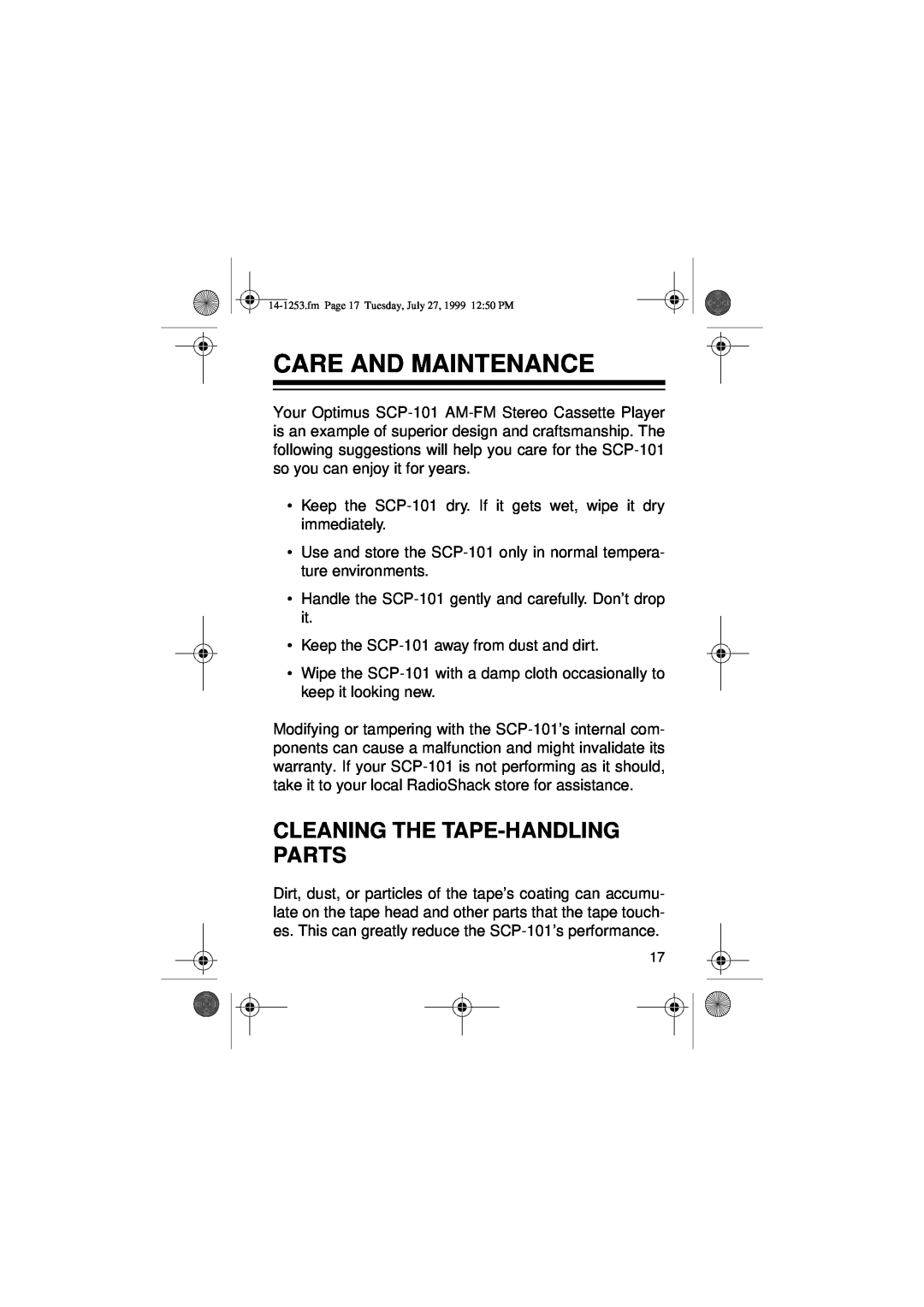 Optimus SCP-101 manual Care And Maintenance, Cleaning The Tape-Handlingparts 