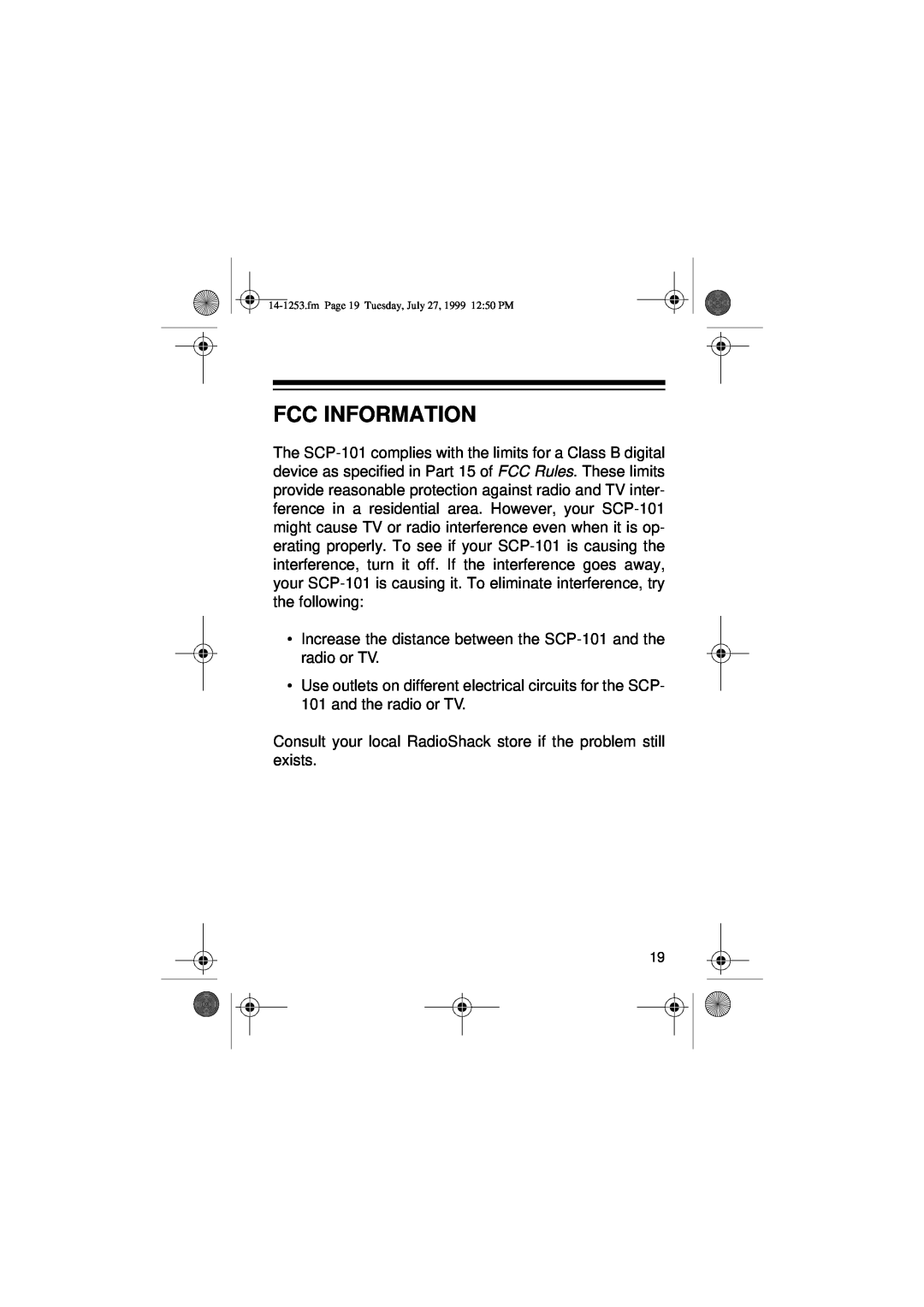 Optimus SCP-101 manual Fcc Information, fmPage 19 Tuesday, July 27, 1999 12 50 PM 
