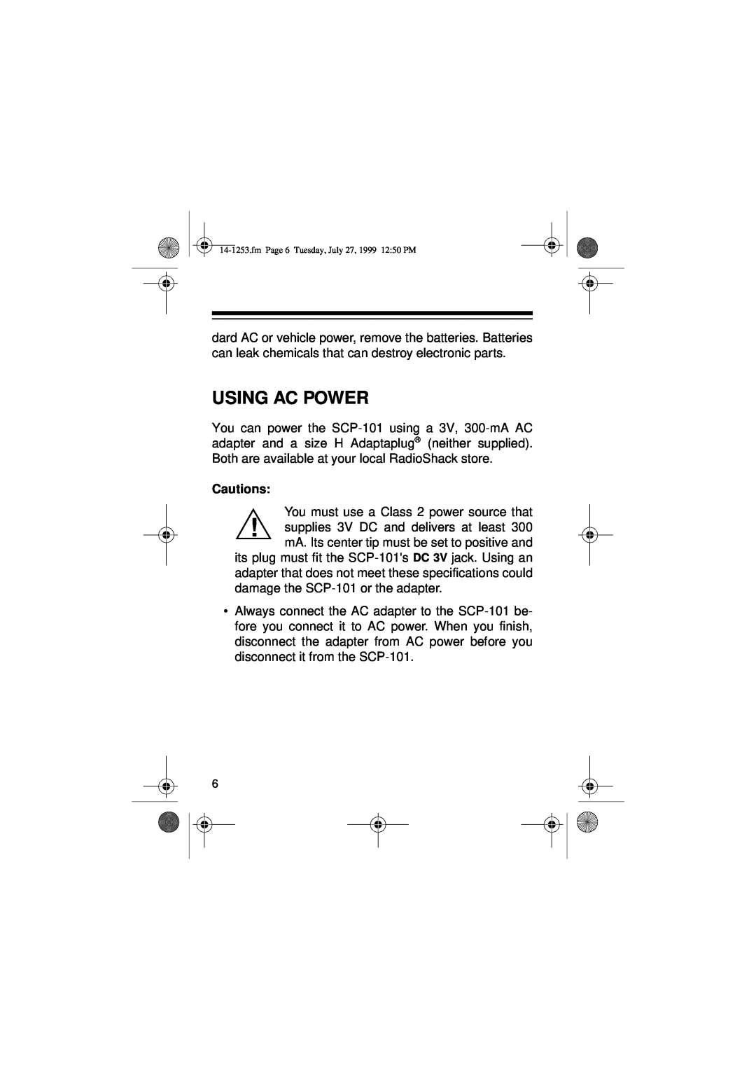 Optimus SCP-101 manual Using Ac Power, Cautions 