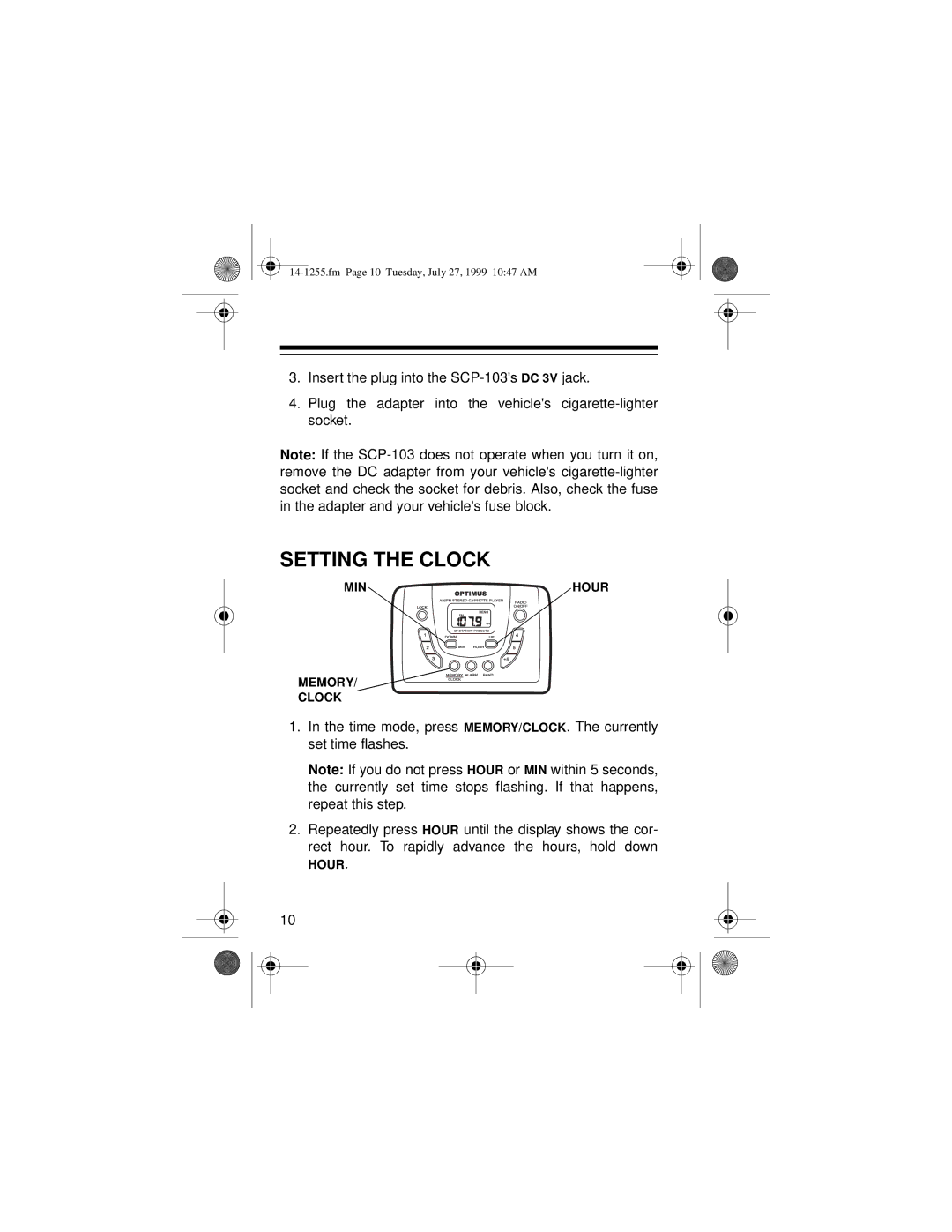 Optimus SCP-103 owner manual Setting the Clock 