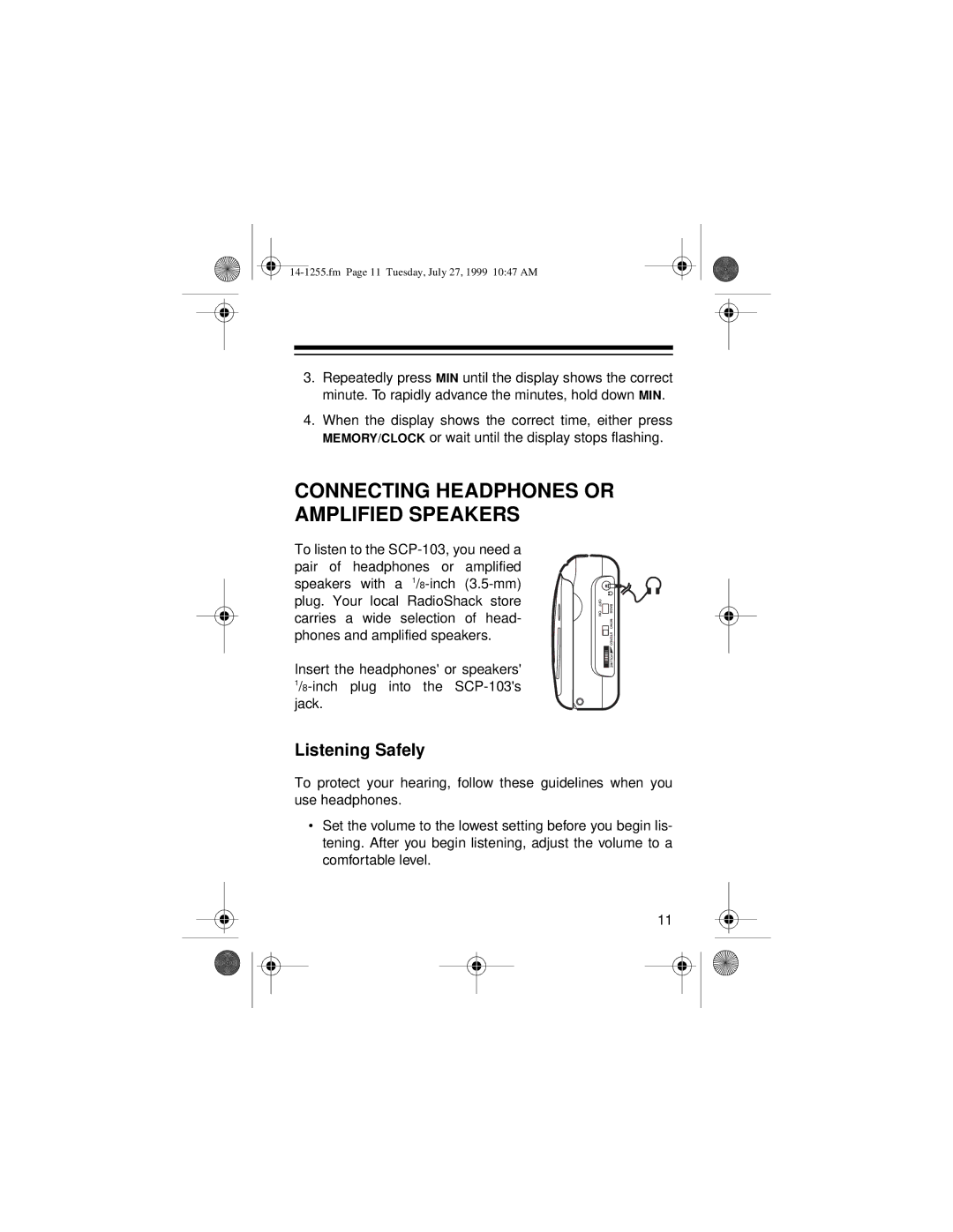 Optimus SCP-103 owner manual Connecting Headphones or Amplified Speakers, Listening Safely 