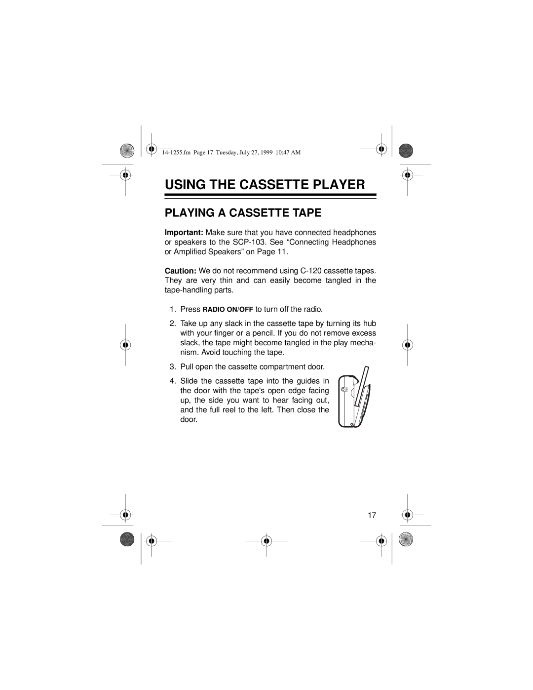 Optimus SCP-103 owner manual Using the Cassette Player, Playing a Cassette Tape 