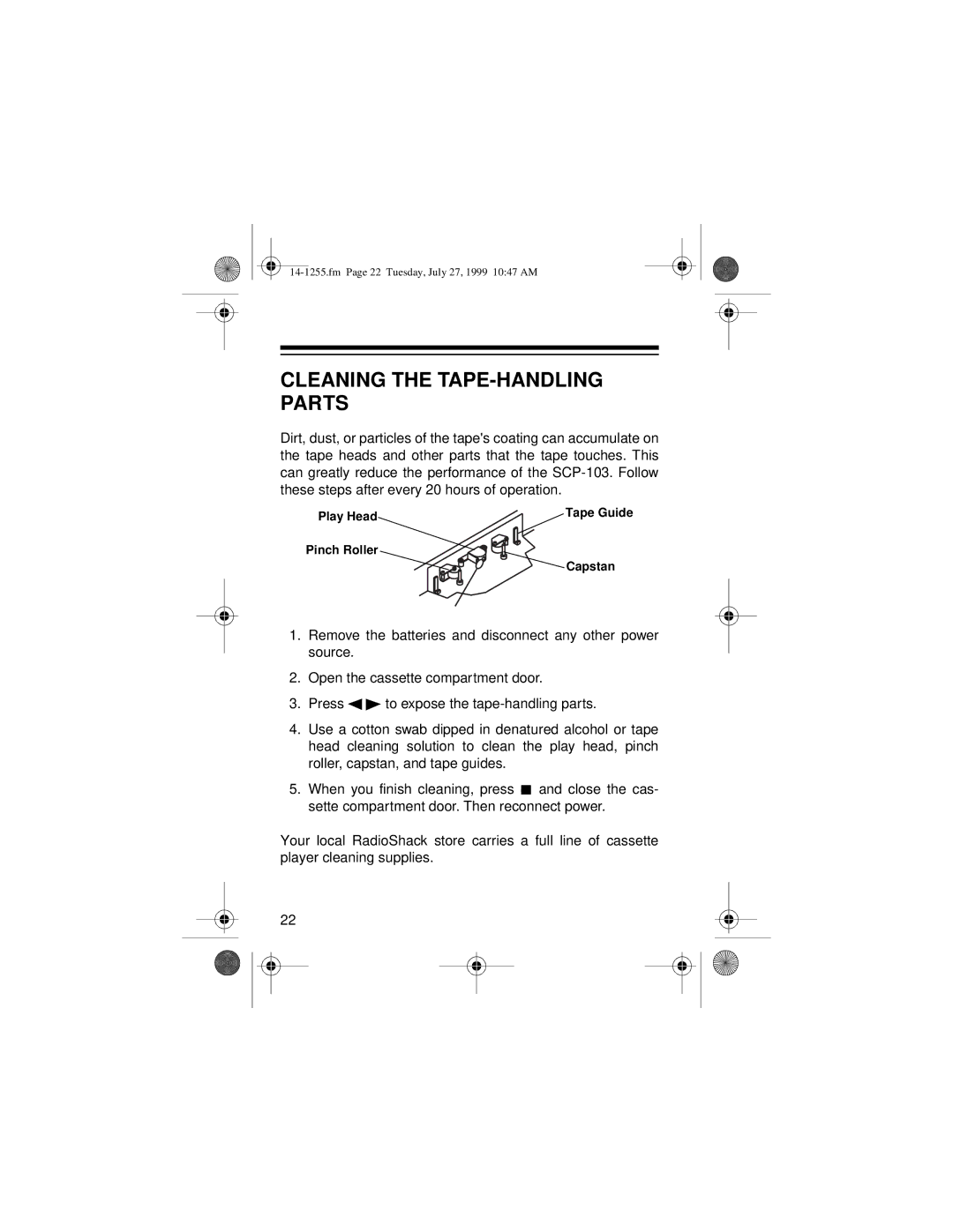 Optimus SCP-103 owner manual Cleaning the TAPE-HANDLING Parts 