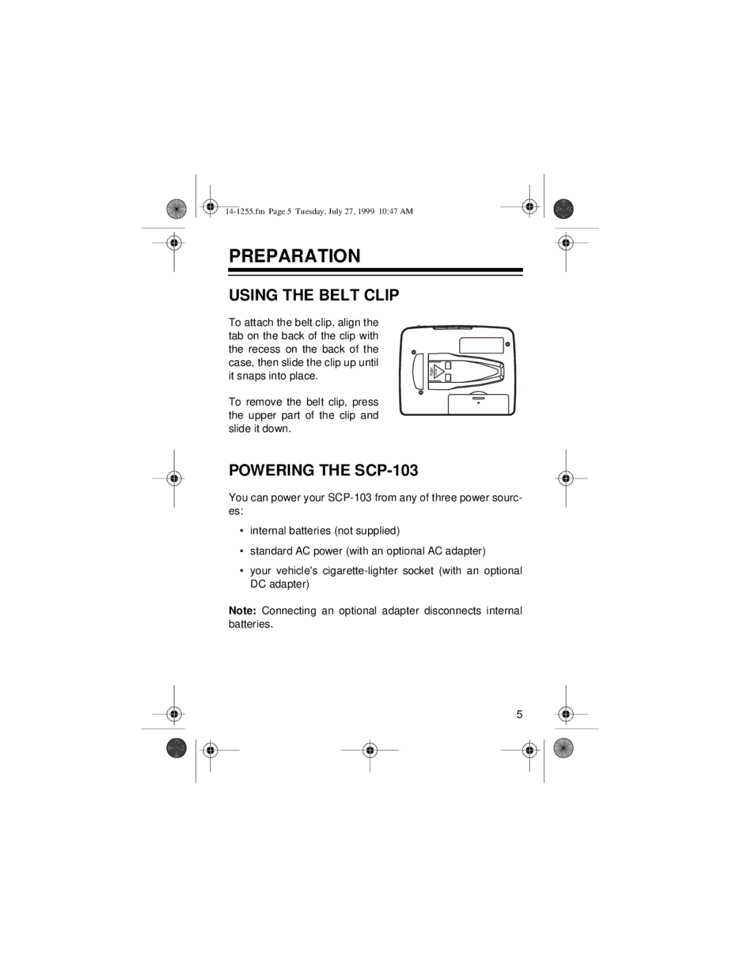 Optimus owner manual Preparation, Using the Belt Clip, Powering the SCP-103 