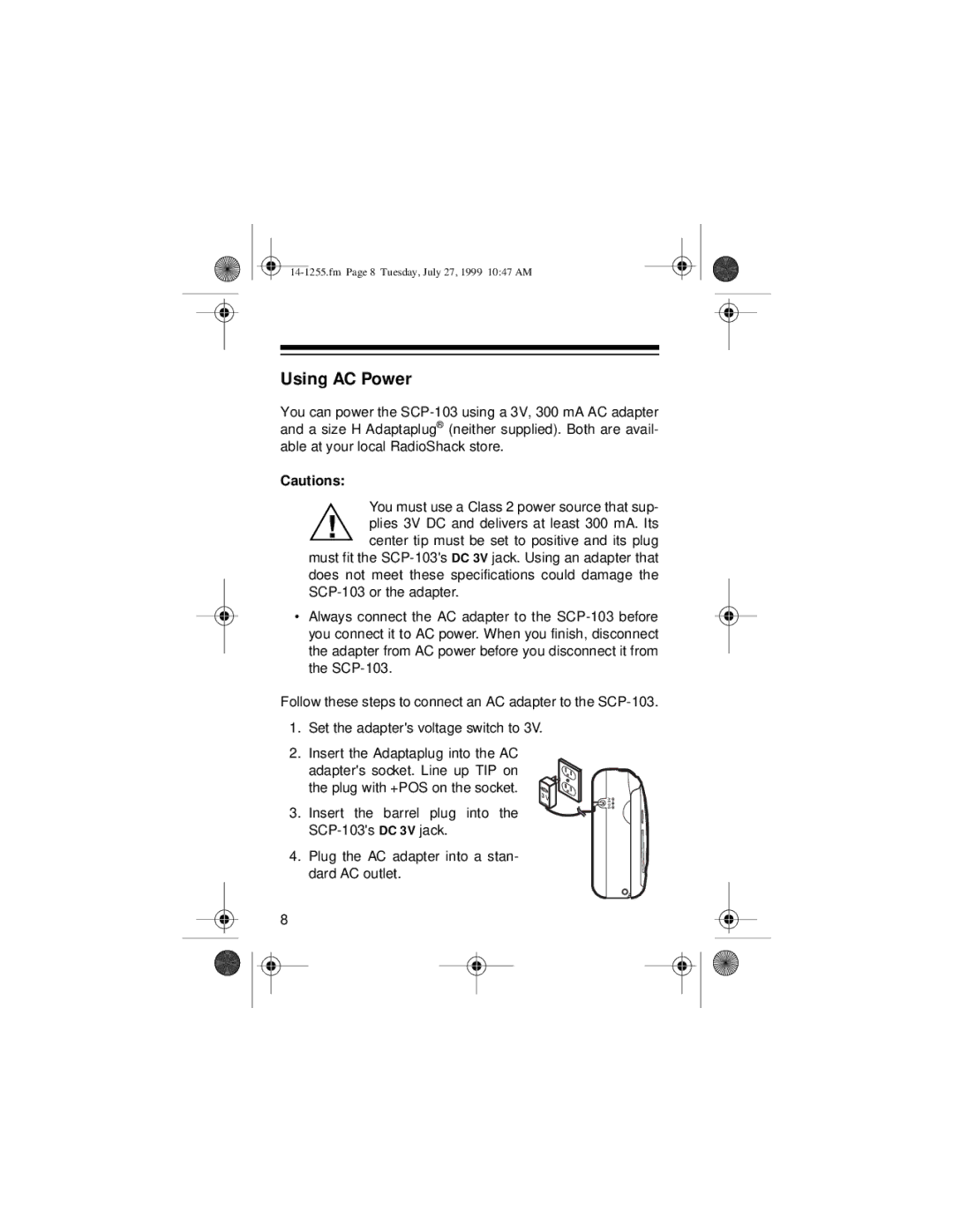 Optimus SCP-103 owner manual Using AC Power 