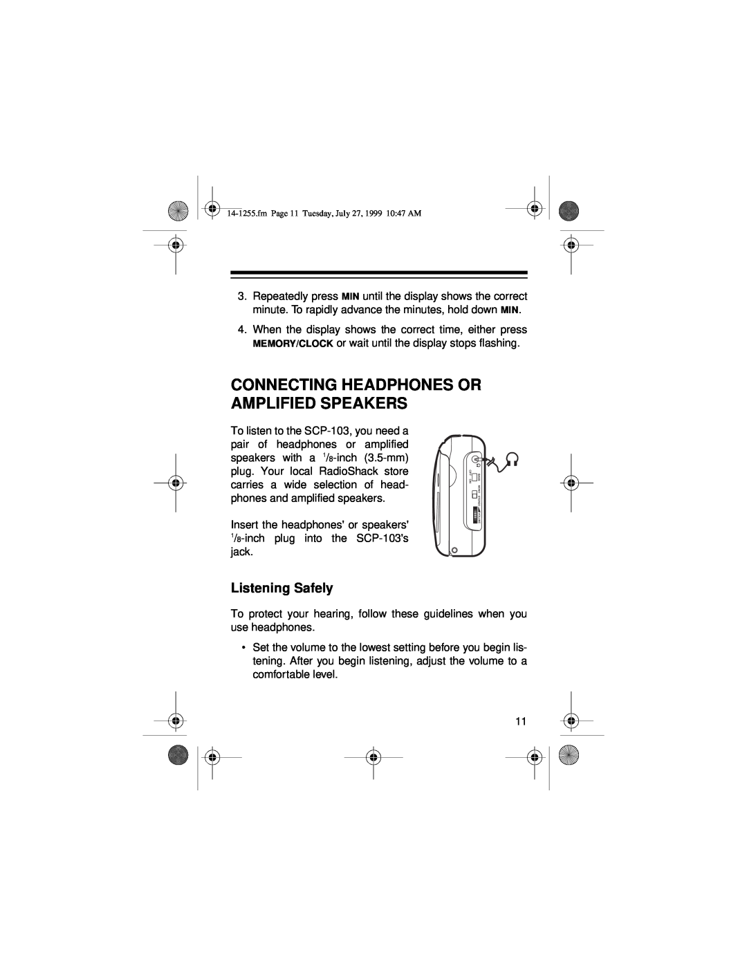 Optimus SCP-103 owner manual Connecting Headphones Or Amplified Speakers, Listening Safely 