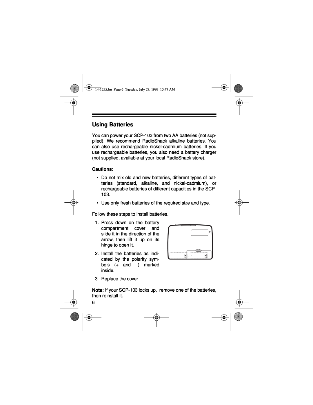 Optimus SCP-103 owner manual Using Batteries, Cautions 