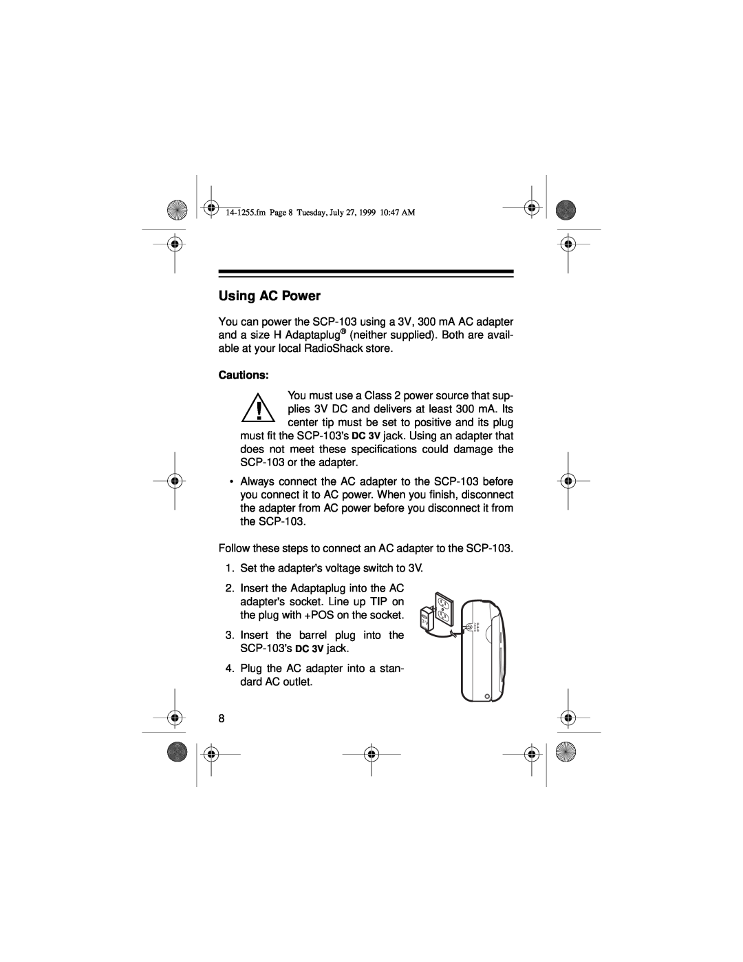 Optimus SCP-103 owner manual Using AC Power 
