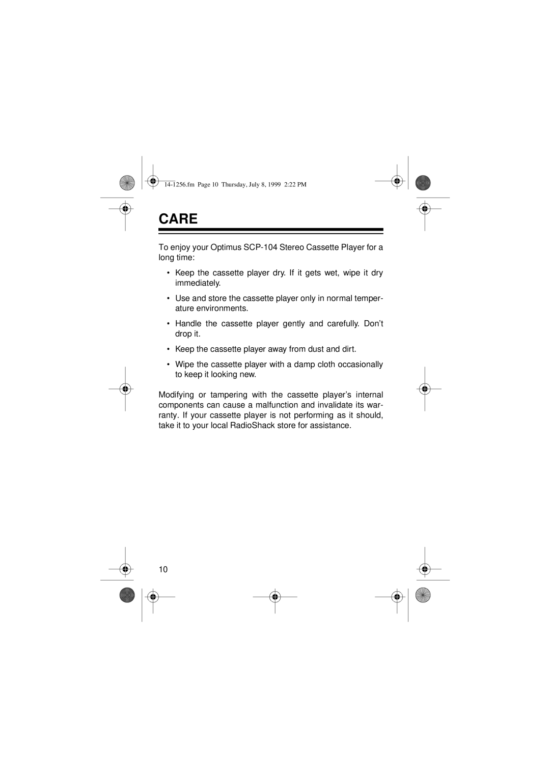 Optimus SCP-104 owner manual Care 