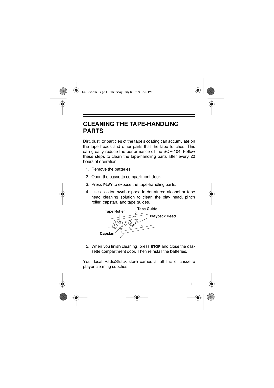 Optimus SCP-104 owner manual Cleaning the TAPE-HANDLING Parts, Tape Roller Capstan Tape Guide Playback Head 