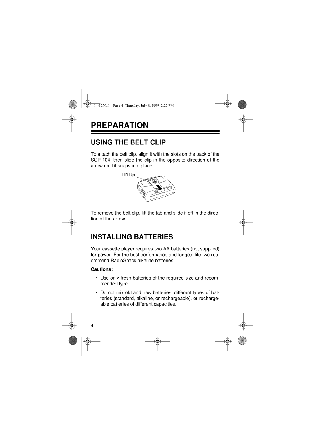 Optimus SCP-104 owner manual Preparation, Using the Belt Clip, Installing Batteries 