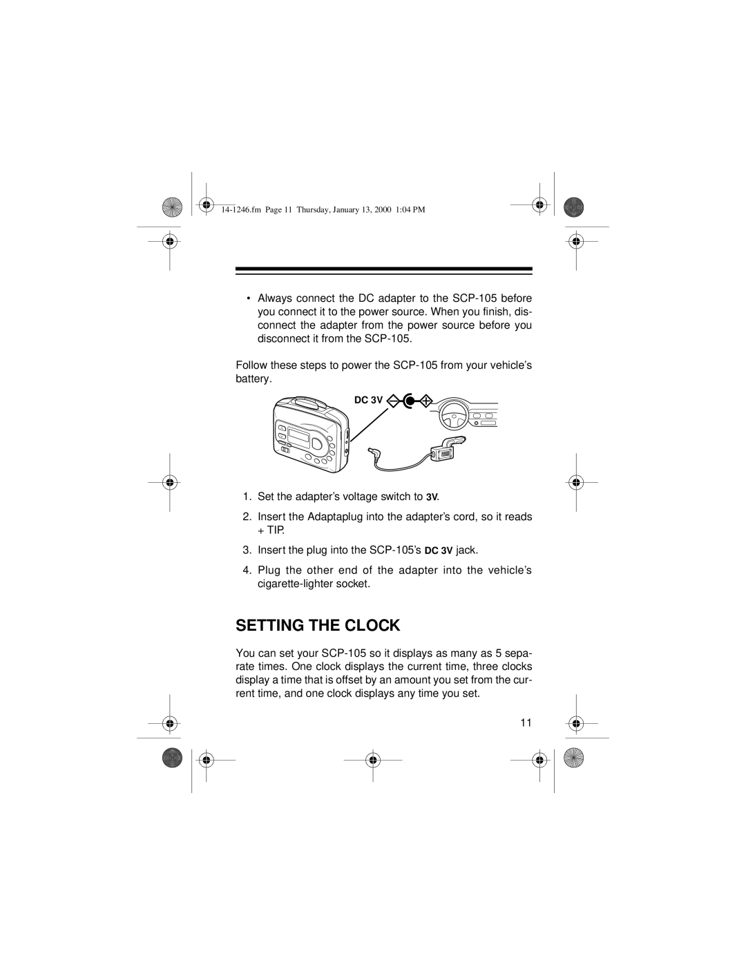 Optimus 14-1246, SCP-105 owner manual Setting the Clock 